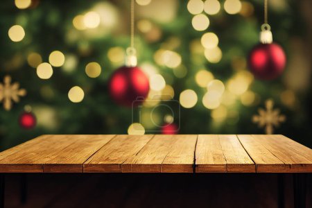 Foto de Mesa de madera vacía. En el fondo de una borrosa ventana de Navidad acogedor con bokeh - Imagen libre de derechos
