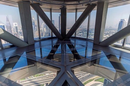 Dubai, UAE , United Arab Emirates. November 28th, 2022. View inside the Sky View skyscraper. glass floor. observation deck with panoramic view from the window.