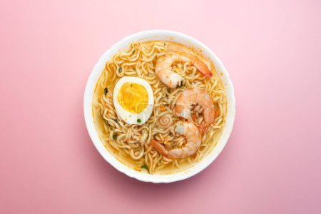 Photo for Stir Fried Instant Noodles with Shrimps Asian Thai food fusion style easy dish street food popular. top view - Royalty Free Image