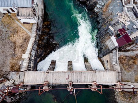 Old hydroelectric power station. Chemal Altai Republic. Russia aerial view from above by drones