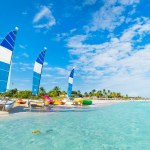 Beautiful paradise beach of Varadero in Cuba on a sunny summer day. Beautiful seascape with clear turquoise water. sailing ships are parked on the sand.