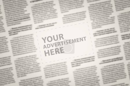 Photo for Close up of a copy space with wrtitten words Your Advertising Here on a blurred background of a newspaper. Business concept. Adding ad into paper page. Mockup of a newspaper advertisement column. - Royalty Free Image