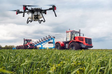 Téléchargez les photos : Technologies modernes dans l'agriculture. Un drone industriel survole un champ vert et pulvérise des pesticides utiles pour augmenter la productivité et détruire les insectes nuisibles. accroître la productivité - en image libre de droit