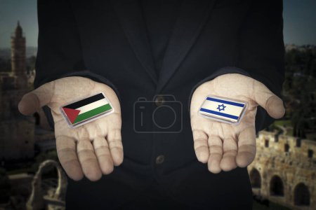 Foto de Elección es entre Israel o Palestina. Elegir el camino del desarrollo del concepto. Apoyo militar de las partes en conflicto. - Imagen libre de derechos