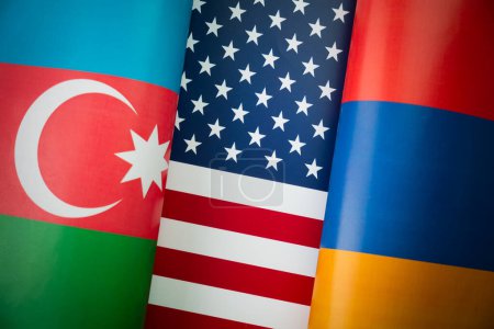 Téléchargez les photos : Background of the flags of the azerbaijan, USA,, armenia. Le concept d'interaction ou de contre-action entre les deux pays. Relations internationales. négociations politiques. Compétition sportive. - en image libre de droit