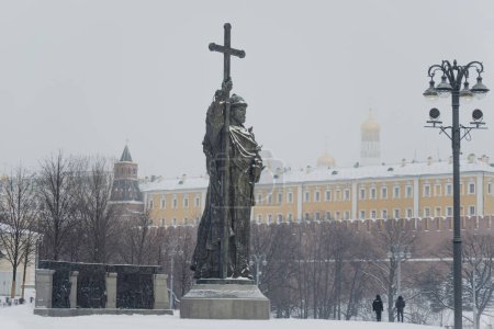 Photo for December 21, 2021. Moscow, Russia: Monument to Vladimir the Baptist during a snowfall in winter in Moscow. - Royalty Free Image