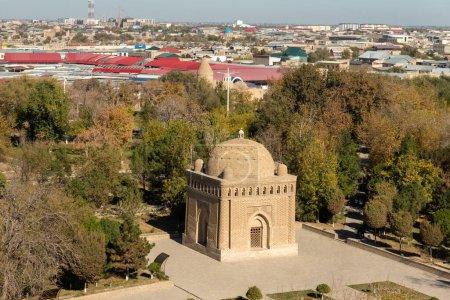 The Samanid mausoleum is located in the historical urban nucleus of the city of Bukhara, Uzbekistan. top view from above,