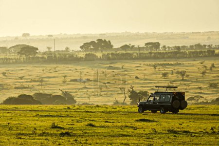Ein Geländewagen auf Safari in der afrikanischen Savanne. Touristen beobachten die Tiere im Auto. Pirschfahrt in den frühen Morgenstunden.