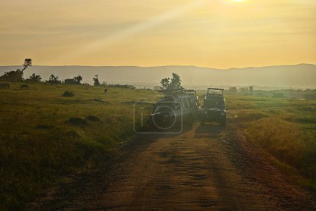 Ein Geländewagen auf Safari in der afrikanischen Savanne. Touristen beobachten die Tiere im Auto. Pirschfahrt in den frühen Morgenstunden.