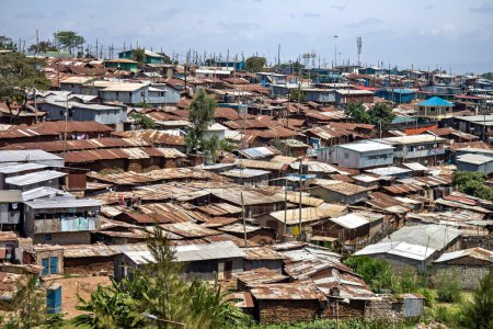 view of corrugated iron huts at Nairobi downtown Kibera slum neighborhood, Nairobi, Kenya, East Africa, one of the largest slums in Africa