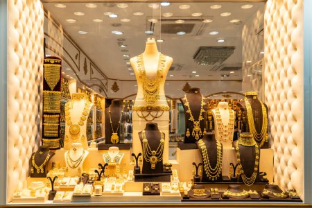 counter with variety of jewelry in store window in Sharjah united arab emirates