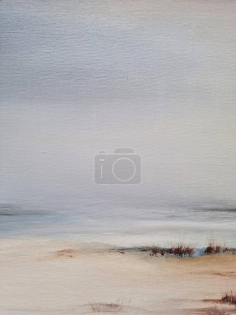 Abstract beach painting with brush strokes, coastal, contemporary art. Hand drawn art. Muted beige and blue texture oil on canvas. High quality photo