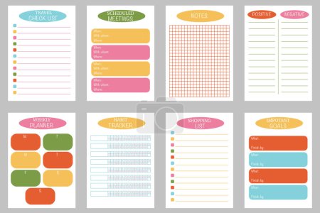 Set of planner templates: travel checklist, shopping list, pros and cons, notes, important tasks, weekly planner, scheduled meetings and habit tracker. A4 format.