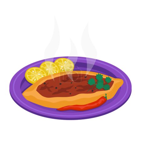 Ilustración de Comida turca. ¡Pide! Pastel de pan en forma de barco relleno de carne y verduras. - Imagen libre de derechos