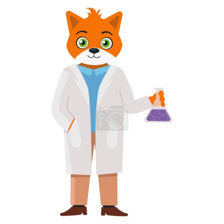 Ilustración de Un personaje de la colección: Profesor de química zorro en una bata blanca y con un frasco en las manos. - Imagen libre de derechos
