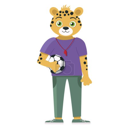Ilustración de Un personaje de la colección: Jaguar profesor de educación física con una pelota de fútbol en sus manos. - Imagen libre de derechos