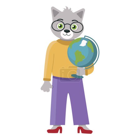 Ilustración de Un personaje de la colección: Lobo profesor de geografía con un globo en sus manos. - Imagen libre de derechos