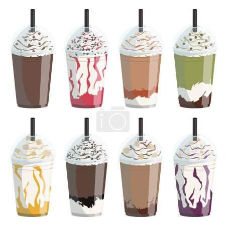 Illustration for Vector glasses with various types of cold coffee and other drinks to go. Tasty drinks. - Royalty Free Image