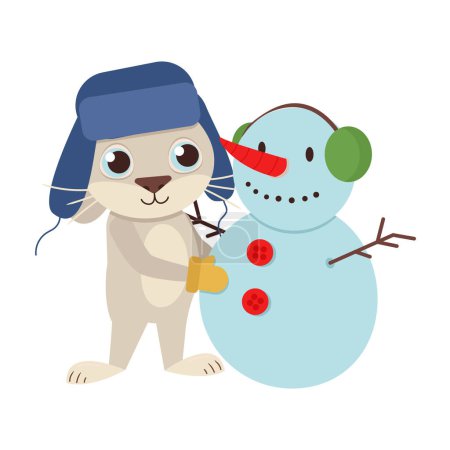 Téléchargez les illustrations : Ute lièvre vecteur dans un chapeau avec des oreillettes, une écharpe et des mitaines fait un bonhomme de neige. - en licence libre de droit