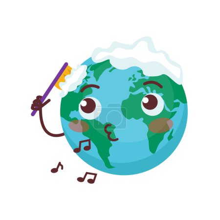 Illustration for Set of cute illustrations with planet Earth. The earth washes itself with a brush and whistles a tune. - Royalty Free Image