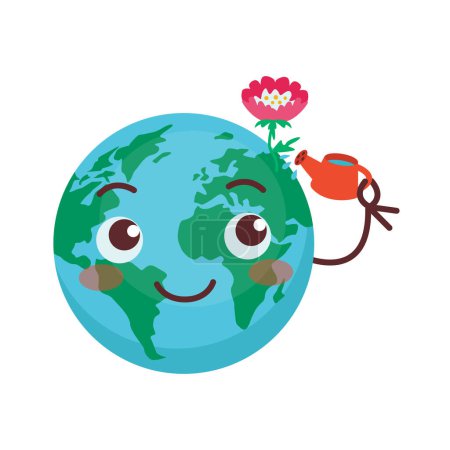 Illustration for Set of cute illustrations with planet Earth. The earth waters a cute flower from a watering can. - Royalty Free Image