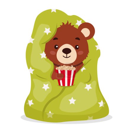 Téléchargez les illustrations : Mignon ours enveloppé lui-même dans une couverture de pop-corn. - en licence libre de droit