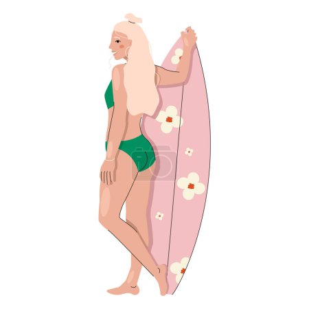 Illustration for Blonde girl in a swimsuit holds a surfboard. - Royalty Free Image