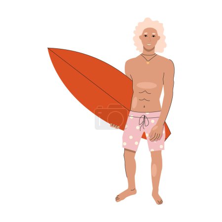 Illustration for Blond guy in a swimsuit holds a surfboard in his hands. - Royalty Free Image