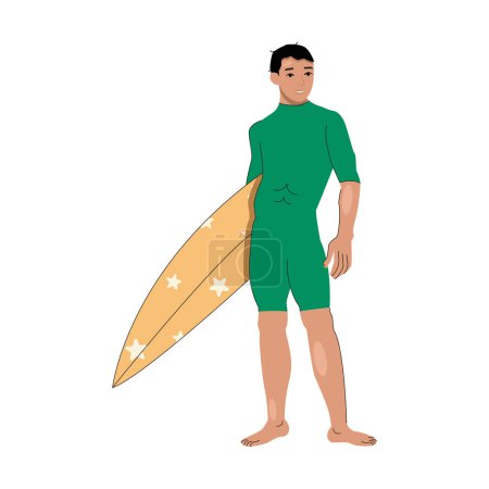 Illustration for Brunette guy in a swimsuit holds a surfboard in his hands. - Royalty Free Image