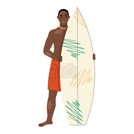 Illustration for Black guy in a swimsuit holds a surfboard in his hands. - Royalty Free Image