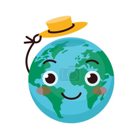 Illustration for Set of cute illustrations with the planet Earth. The earth salutes by taking off her hat. - Royalty Free Image
