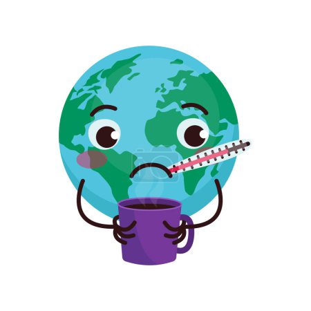Illustration for Set of cute illustrations with planet Earth. The earth is sick, measures the temperature and drinks a hot drink. - Royalty Free Image