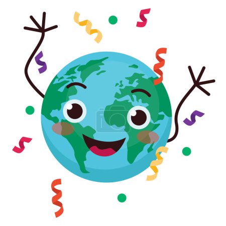 Illustration for Set of cute illustrations with planet Earth. Earth is having fun and dancing under the falling confetti. - Royalty Free Image