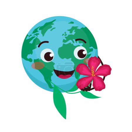 Illustration for Set of cute illustrations with planet Earth. The earth admires a beautiful flower. - Royalty Free Image