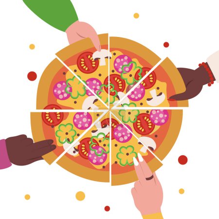 Téléchargez les illustrations : Les gens mangent ensemble de délicieuses pizzas avec des pepperoni, champignons, tomates, poivrons et fromage. Vue d'en haut. Mains tenant des tranches. - en licence libre de droit