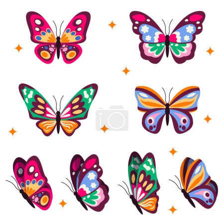 Téléchargez les illustrations : Ensemble de 4 beaux papillons différents. Vue arrière et vue latérale. Graphique vectoriel. - en licence libre de droit