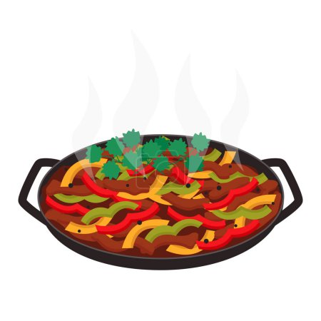 Téléchargez les illustrations : Fajitas. Plat de viande et légumes, rayé sur une casserole. Graphique vectoriel. - en licence libre de droit