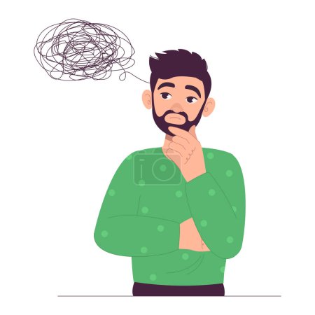 Illustration for Man thought. Confused thoughts. Problems. Overthinking. Vector graphic. - Royalty Free Image