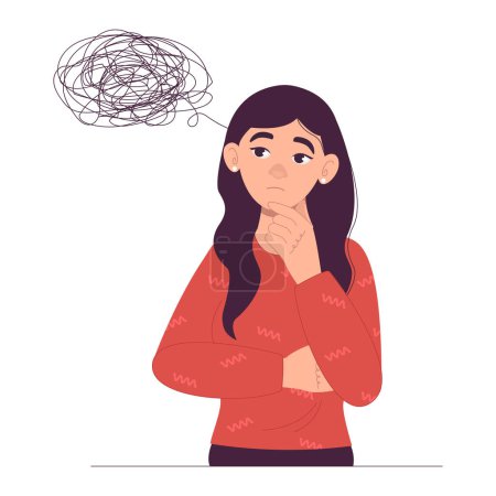 Illustration for Woman thought. Confused thoughts. Problems. Overthinking. Vector graphic. - Royalty Free Image