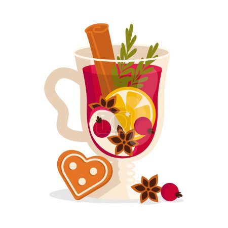 Illustration for Christmas glass with hot drink. Mulled wine. Cinnamon, lemon, apple, anise, spices, gingerbread, berries, wine or juice. Vector graphic. - Royalty Free Image