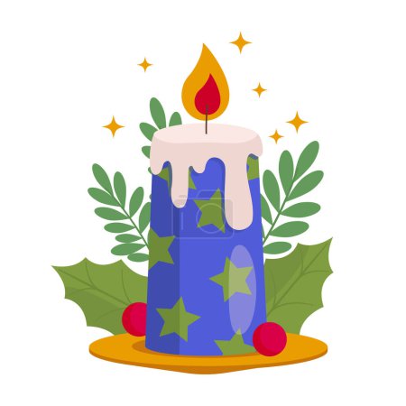 Illustration for Beautiful and bright Christmas candle is burning. There are plant decorations around. Vector graphic. - Royalty Free Image