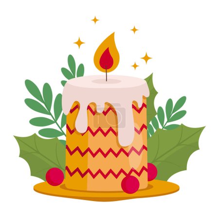 Illustration for Beautiful and bright Christmas candle is burning. There are plant decorations around. Vector graphic. - Royalty Free Image
