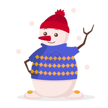 Téléchargez les illustrations : Bonhomme de neige mignon dans un pull chaud et un chapeau chaud agite sa main. Il neige. Graphique vectoriel. - en licence libre de droit