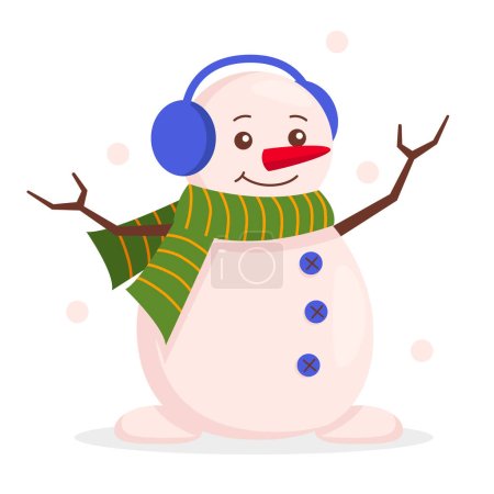 Téléchargez les illustrations : Bonhomme de neige mignon dans un foulard chaud et écouteurs en fourrure. Il neige. Graphique vectoriel. - en licence libre de droit