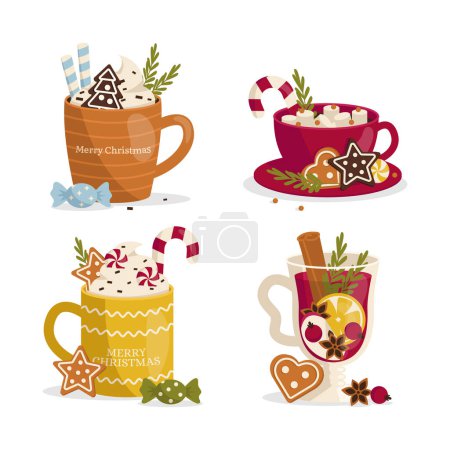 Illustration for Set of cozy mugs with hot drinks. Winter time. Christmas drink. Vector graphic. - Royalty Free Image