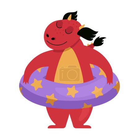 Téléchargez les illustrations : Drôles de dragon se tient avec un anneau de natation gonflable. Graphique vectoriel. - en licence libre de droit