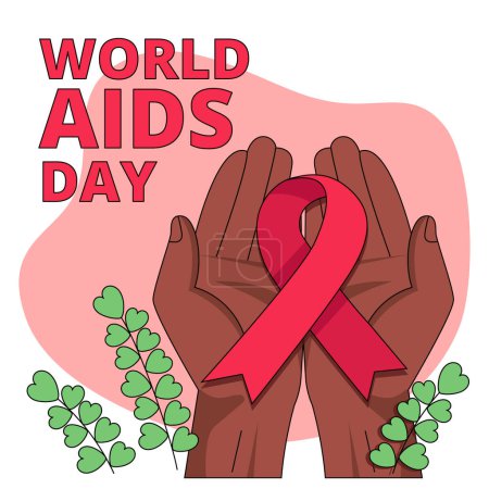Illustration for International AIDS Day. Illustration with hands holding red ribbon symbol. Vector graphic. - Royalty Free Image