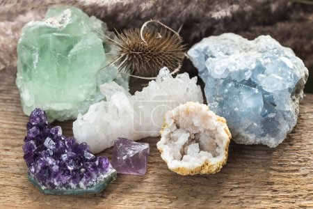 Photo for Group of Raw Natural Mineral Stones and Crystals. Green Fluorite, Blue Celestine, Clear Quartz Geode and Amethyst Cluster - Royalty Free Image
