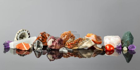 Photo for Wide Banner with a Group of Colorful Stones and Minerals Arranged in a Row on the Reflective Surface. The Crystal Collector Display - Royalty Free Image