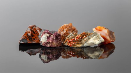 Photo for Group of Stones and Minerals Arranged in a Row Including Vanadinite on Barite, Aragonite Sputnik, Erythrite Crystals, Mahogany Obsidian and Carnelian on the Reflective Surface - Royalty Free Image